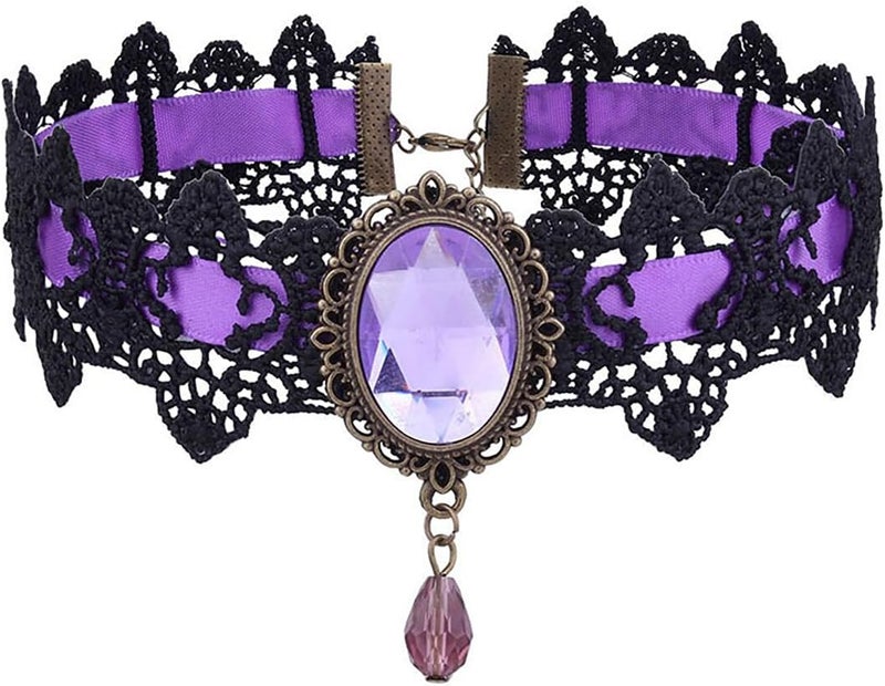 Gothic Lace Choker Necklace with Vintage Crystal Gems - Vampire Bat Design, Perfect for Halloween, Parties & Costumes